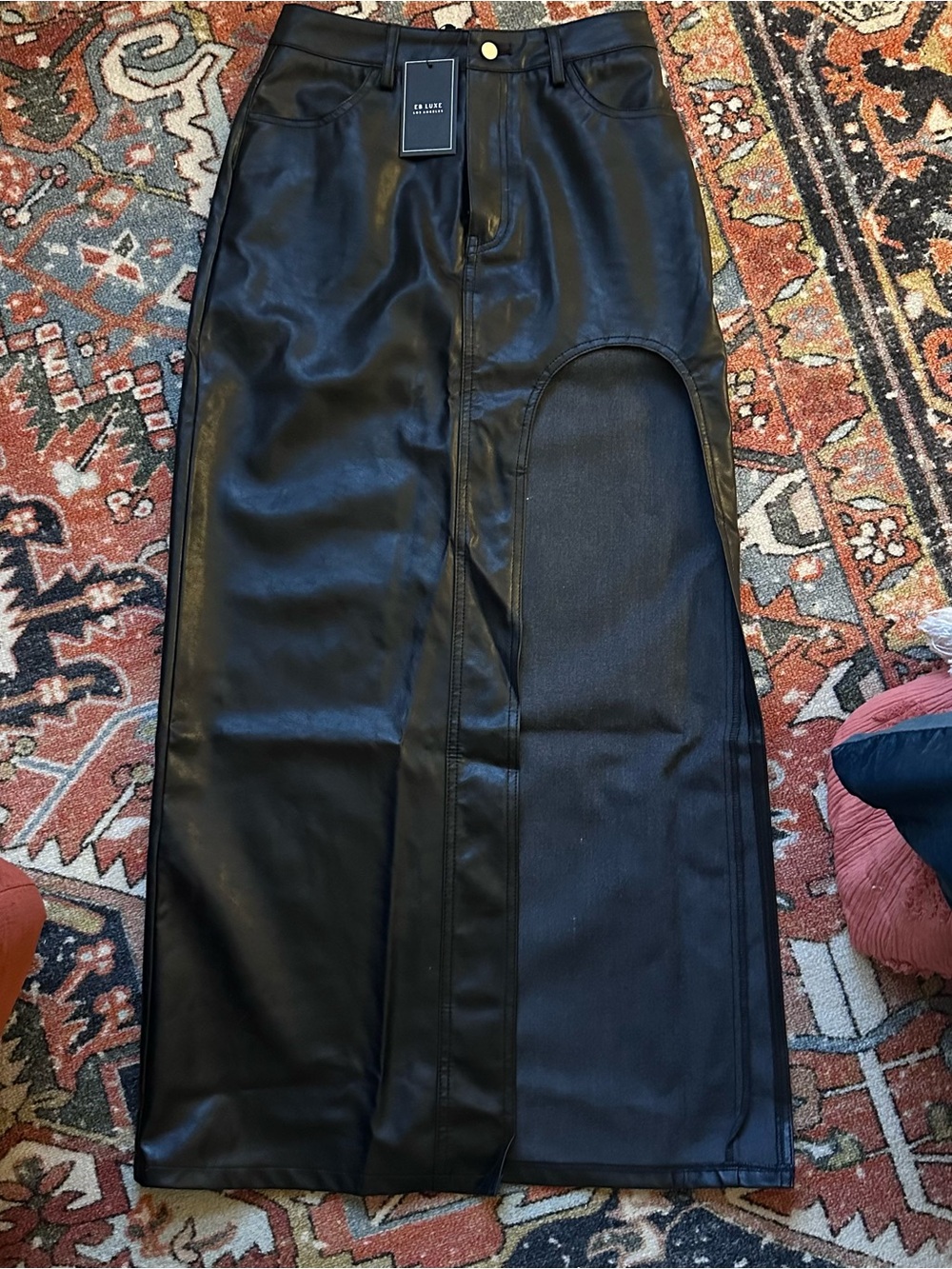 Black Faux Leather Maxi Skirt with Side Panel